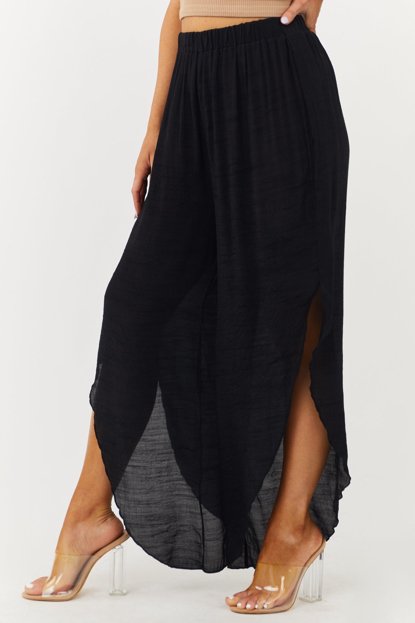Black Slit Leg Sheer Woven Cover Up Pants