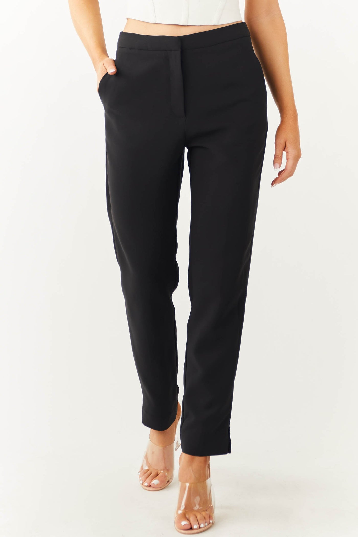 Black Slit Straight Leg Woven Pants
