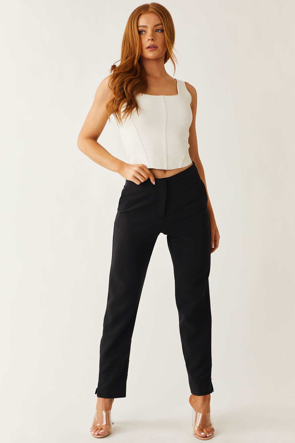 Black Slit Straight Leg Woven Pants