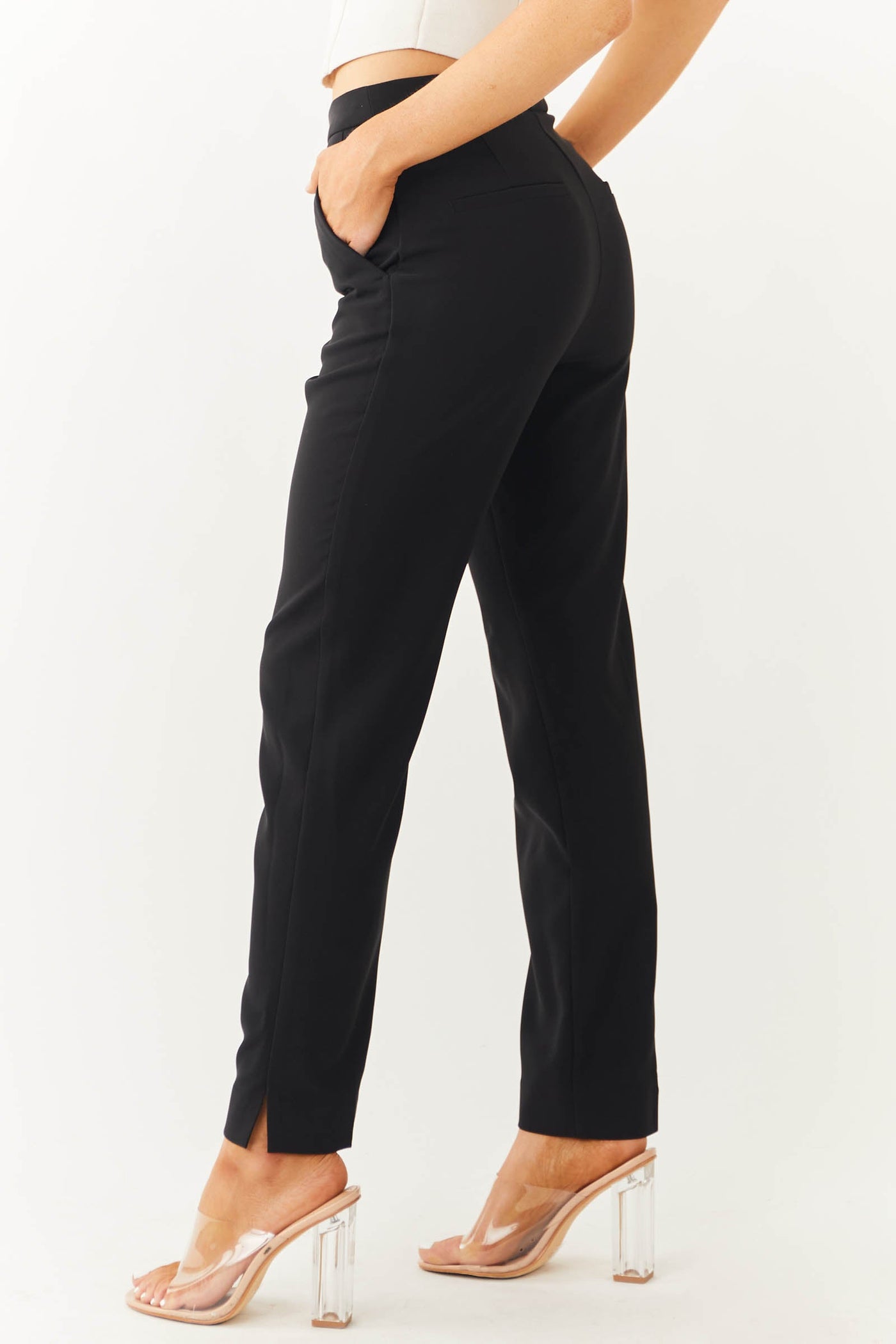 Black Slit Straight Leg Woven Pants