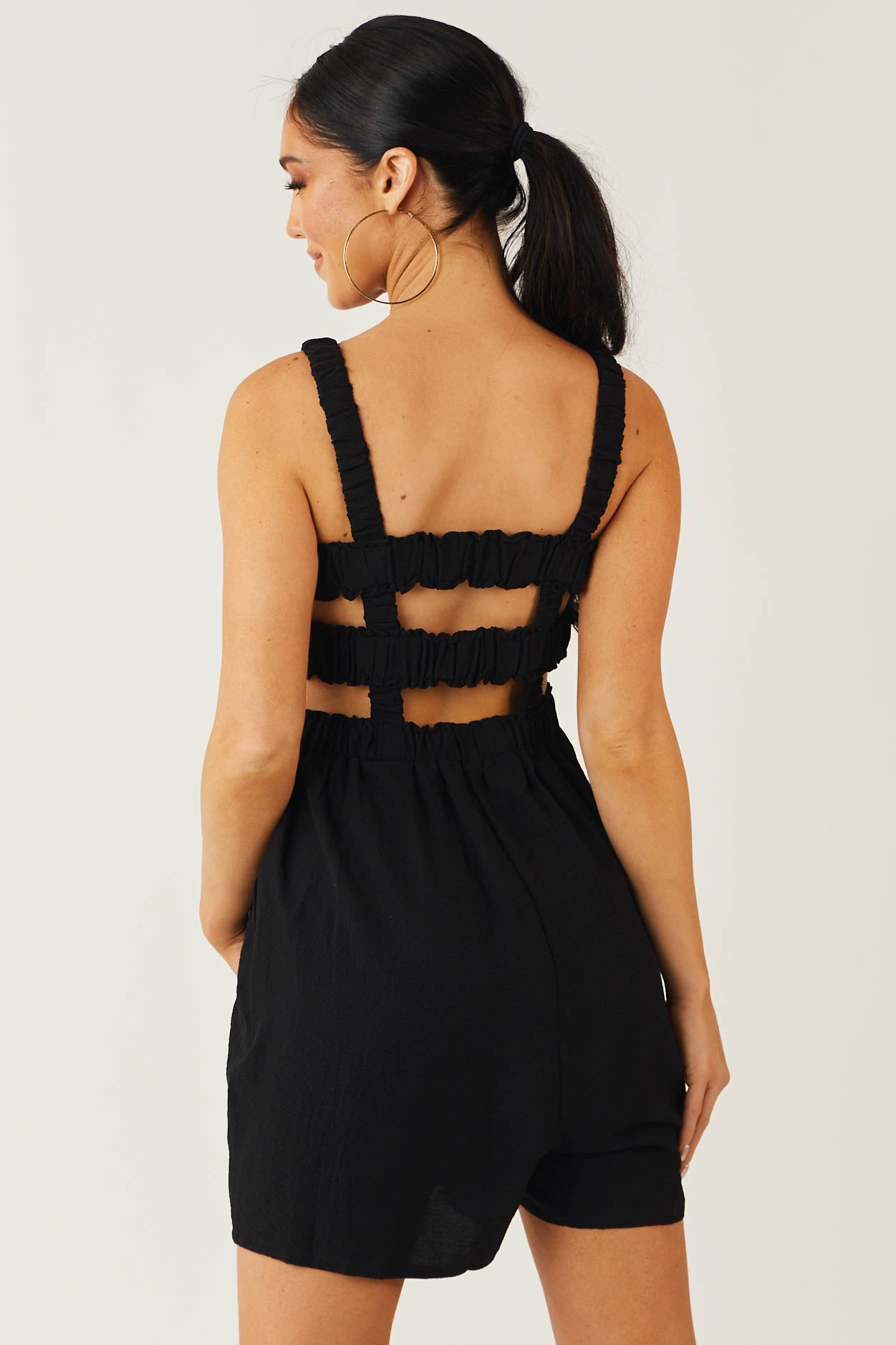 Black Smocked Elastic Strappy Back Woven Romper