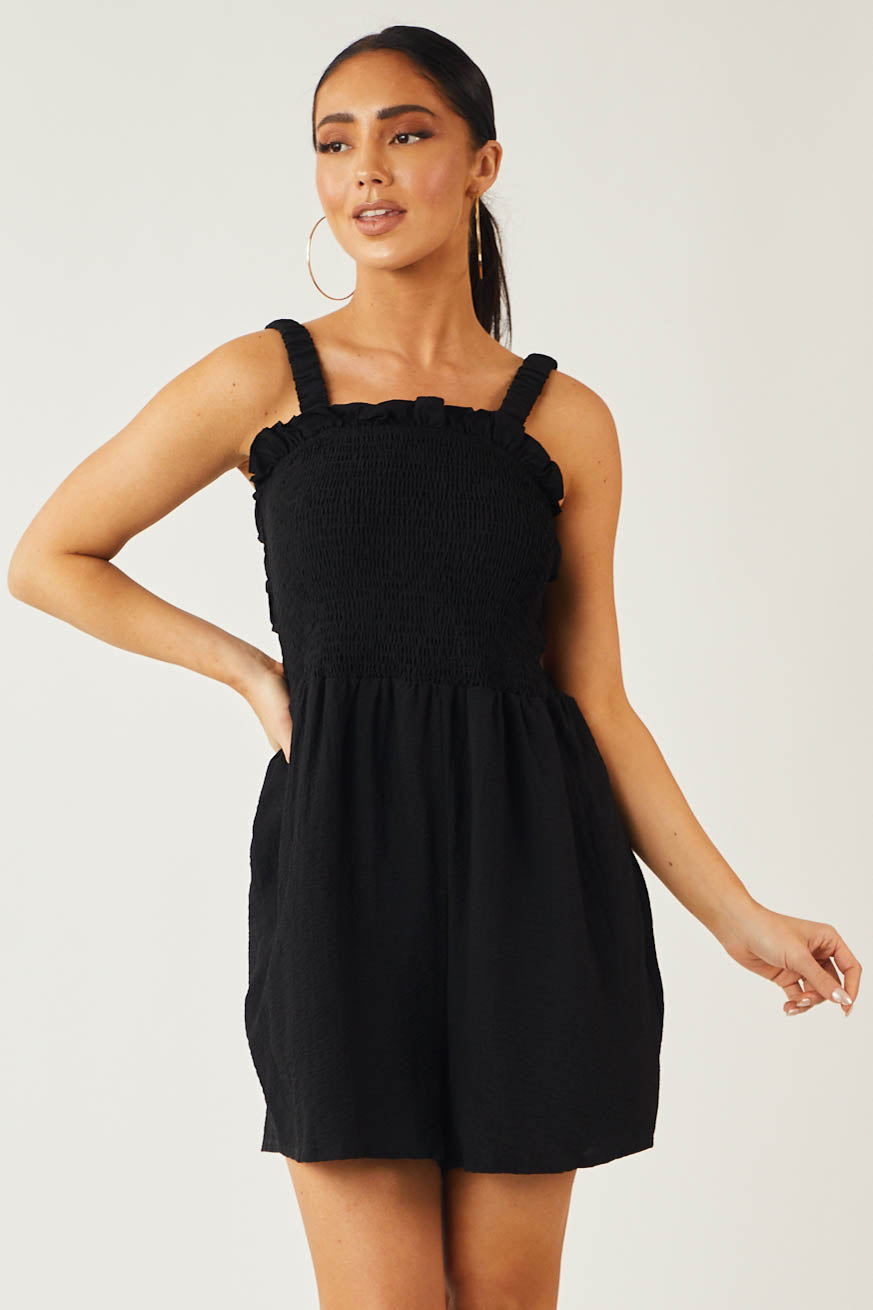 Black Smocked Elastic Strappy Back Woven Romper