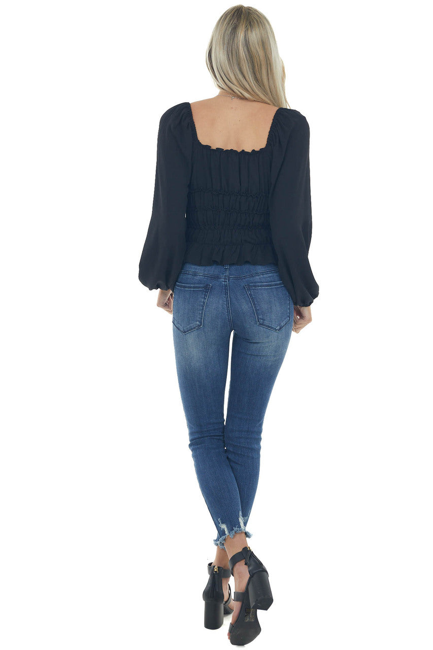 Black Smocked Frill Puff Sleeve Bodysuit