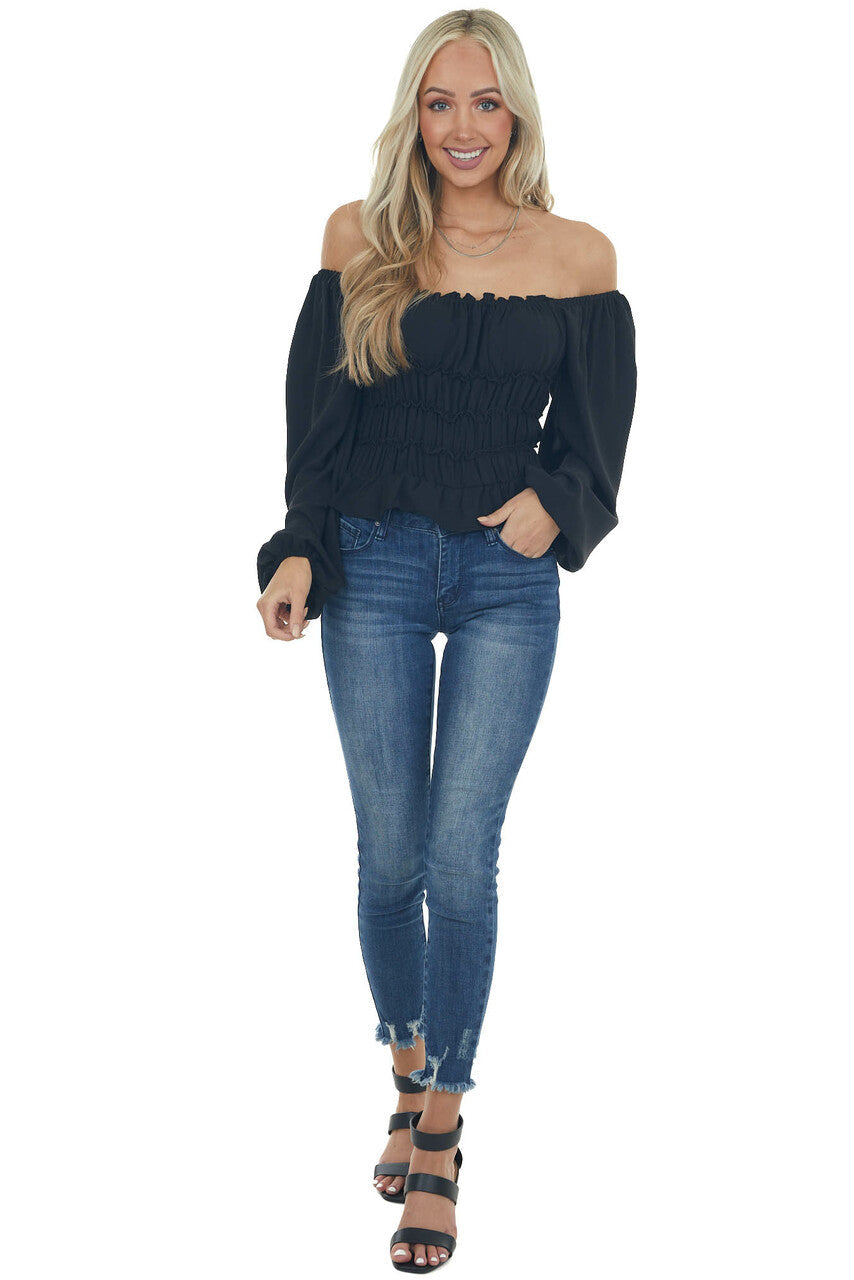 Black Smocked Frill Puff Sleeve Bodysuit