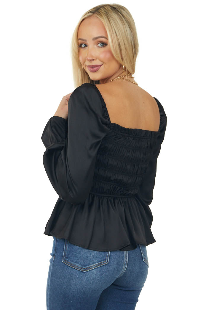 Black Smocked Peasant Sleeve Ruffle Blouse