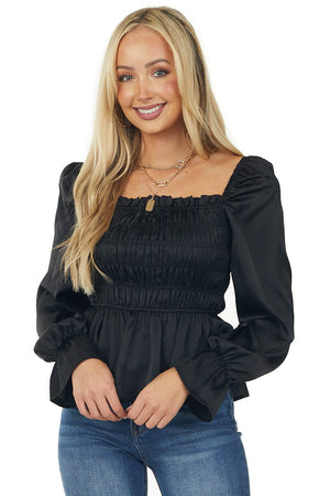 Black Smocked Peasant Sleeve Ruffle Blouse