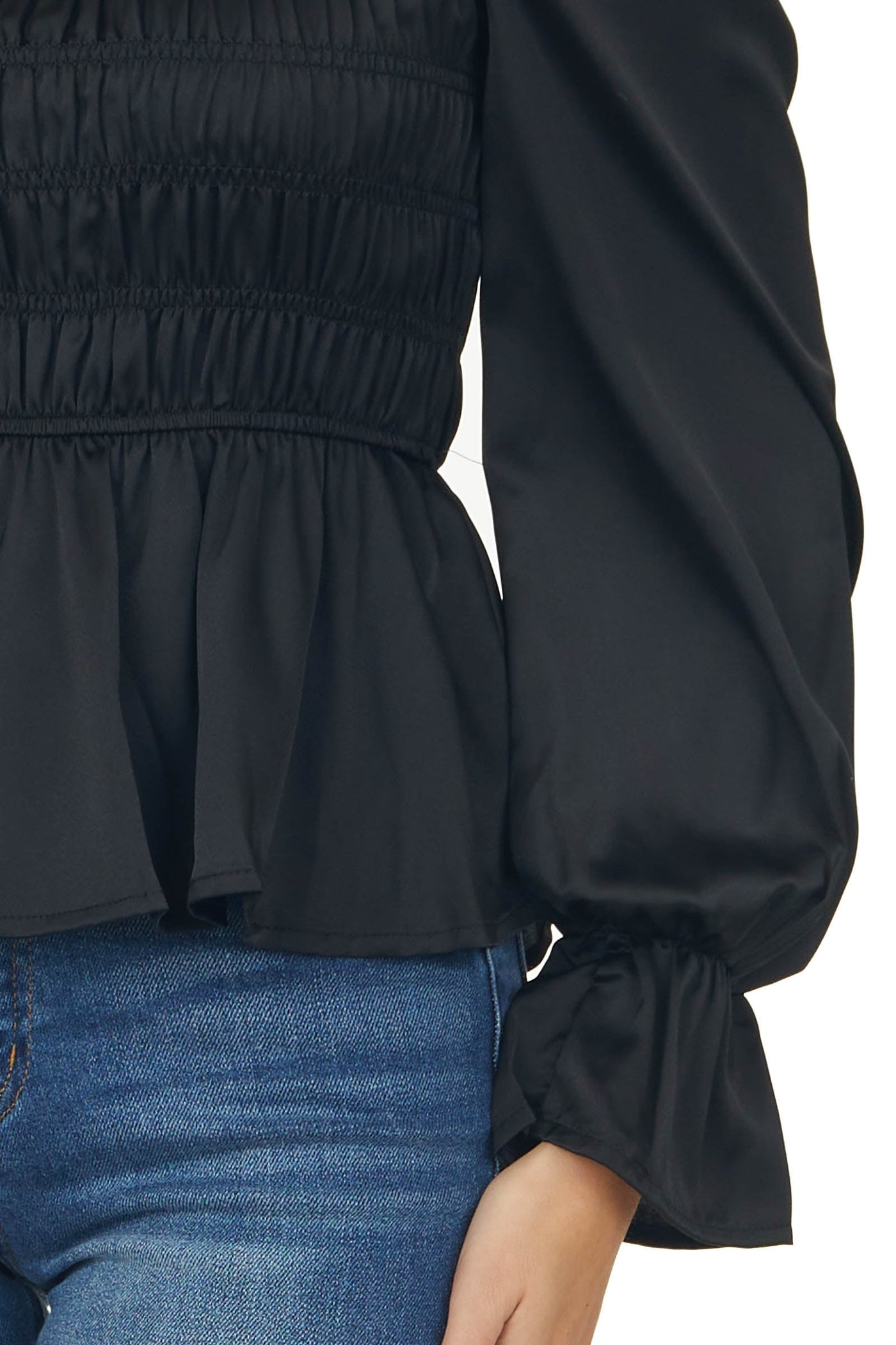 Black Smocked Peasant Sleeve Ruffle Blouse