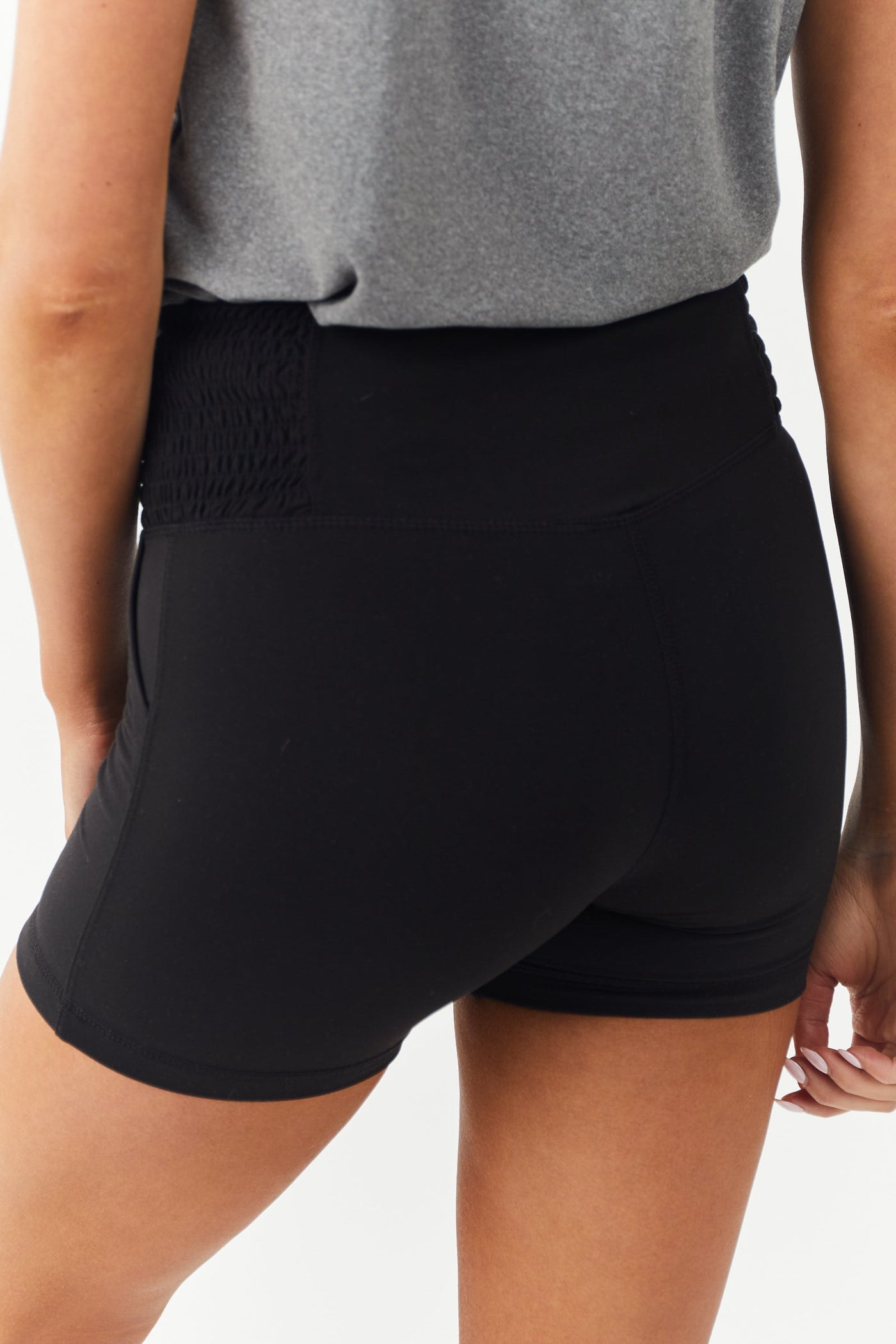 Black Smocked Side Biker Shorts with Pockets