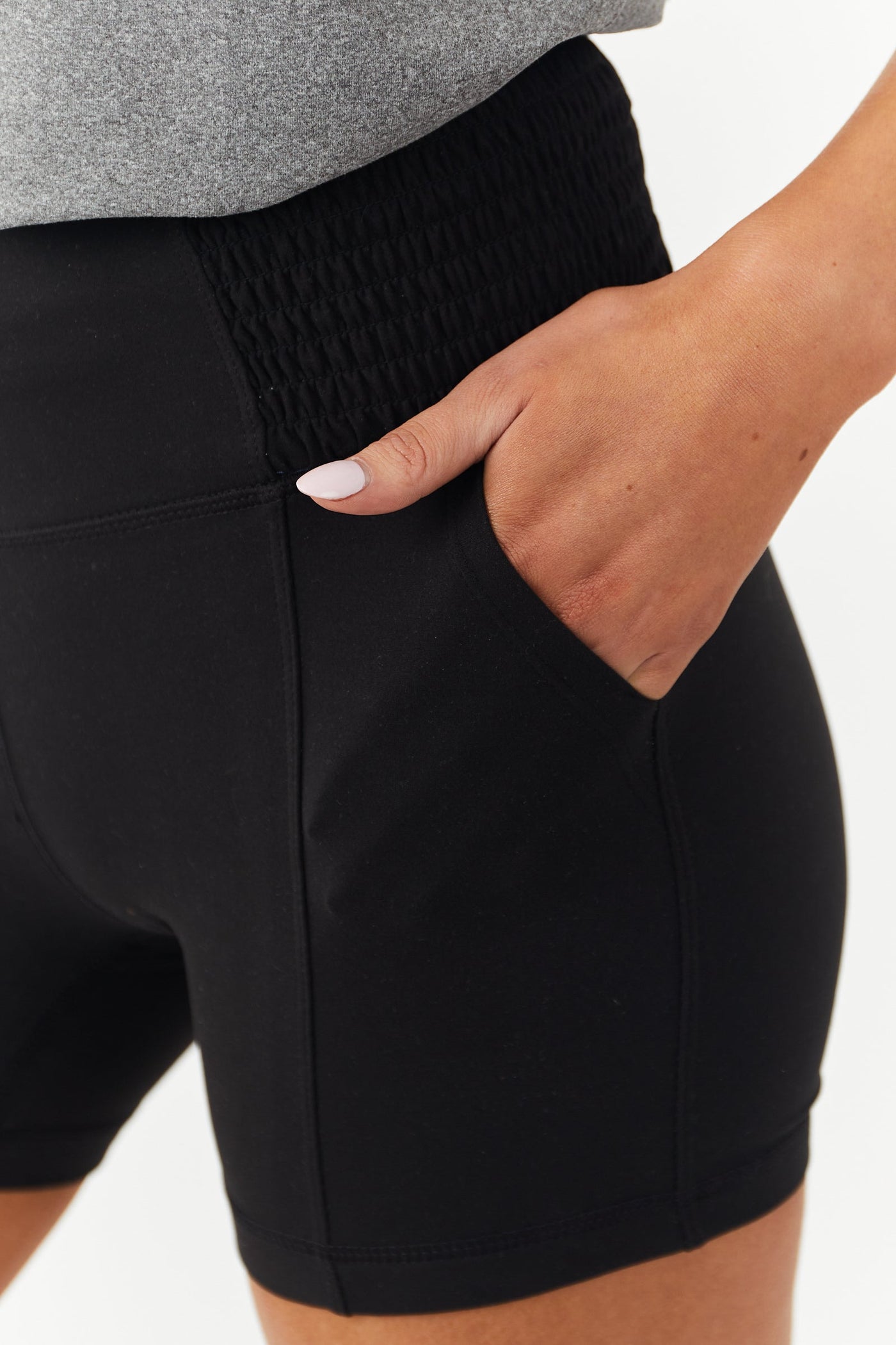 Black Smocked Side Biker Shorts with Pockets