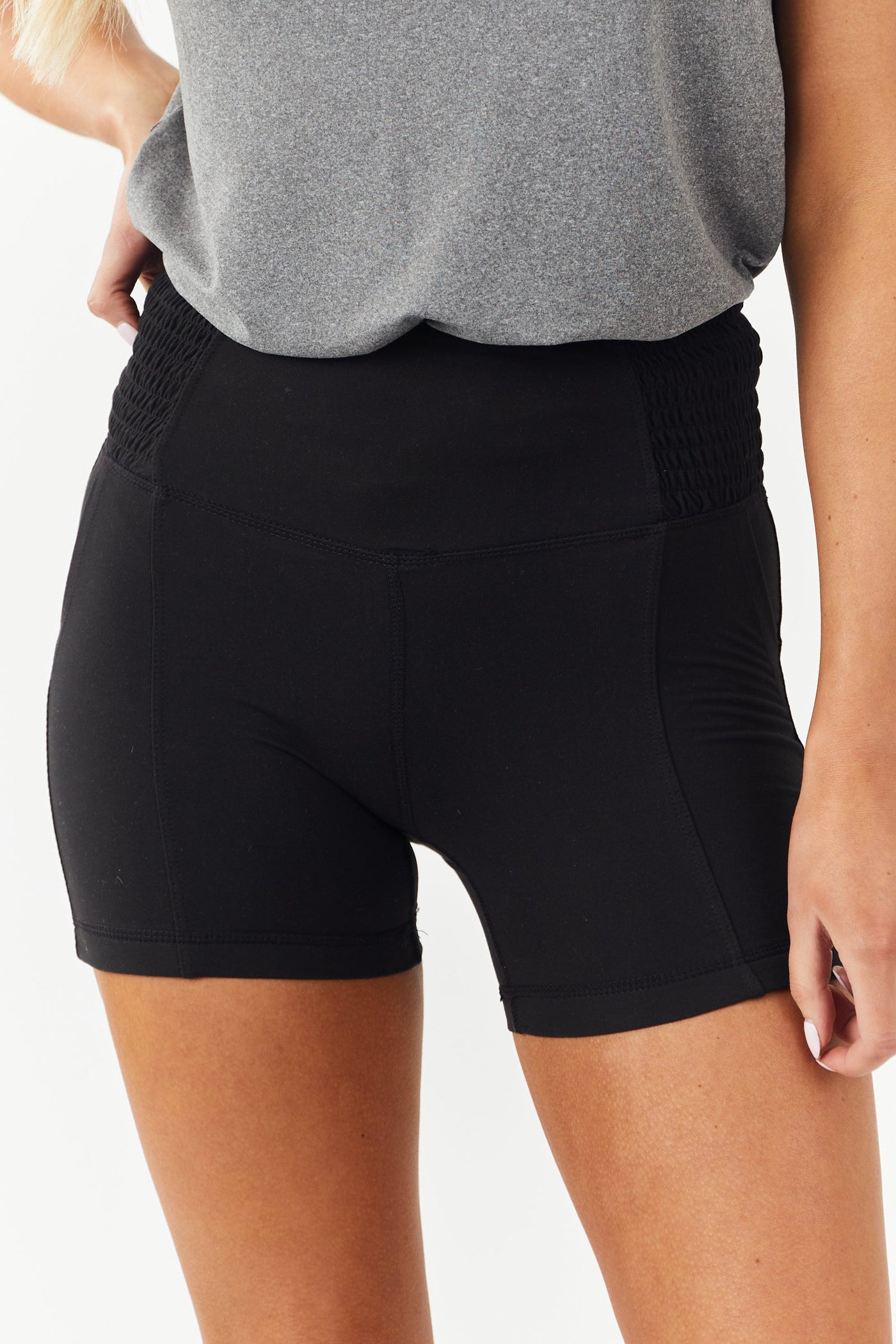 Black Smocked Side Biker Shorts with Pockets