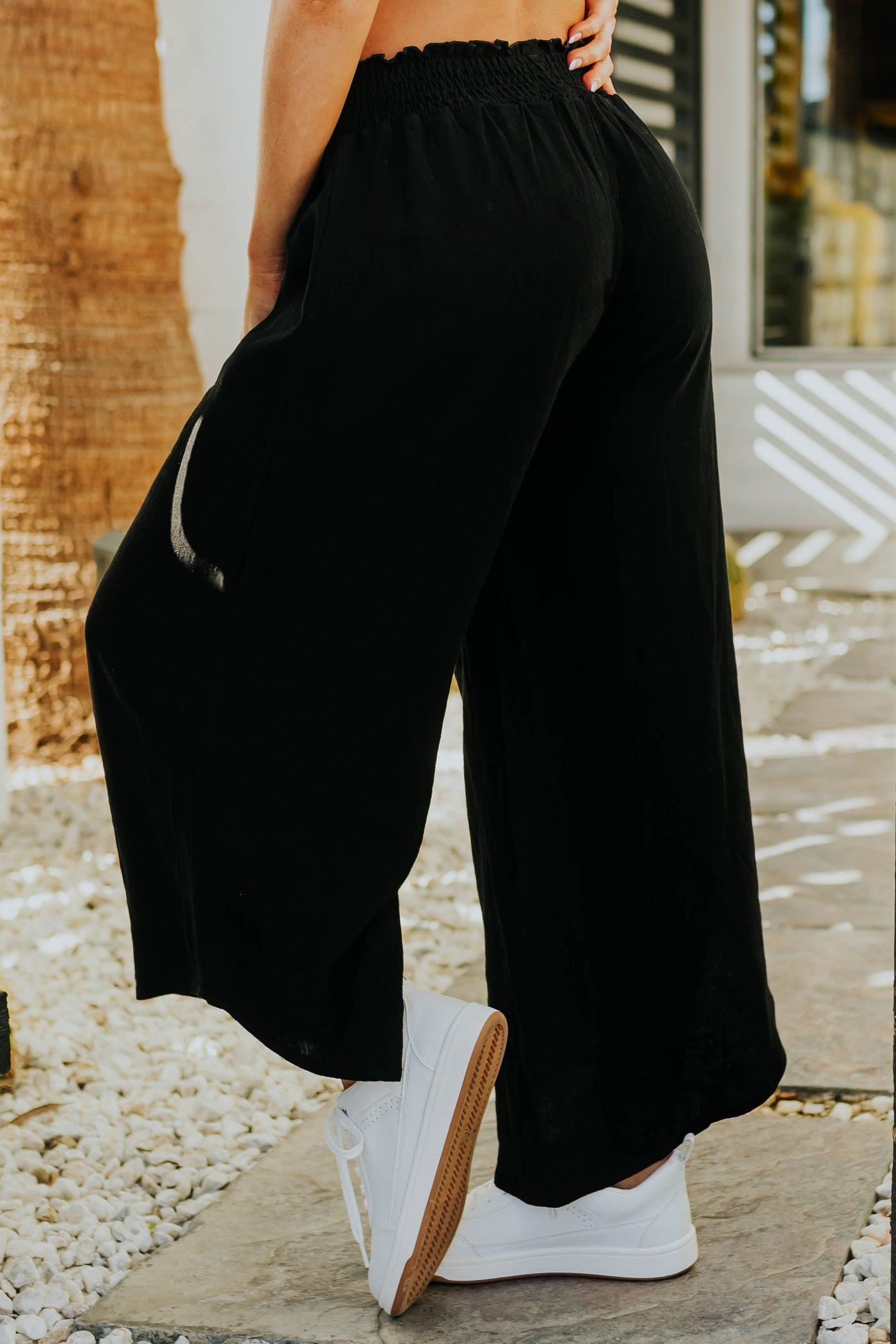 Black Smocked Waist Angled Wide Leg Linen Pants
