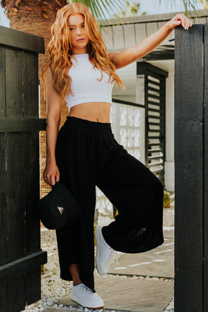 Black Smocked Waist Angled Wide Leg Linen Pants