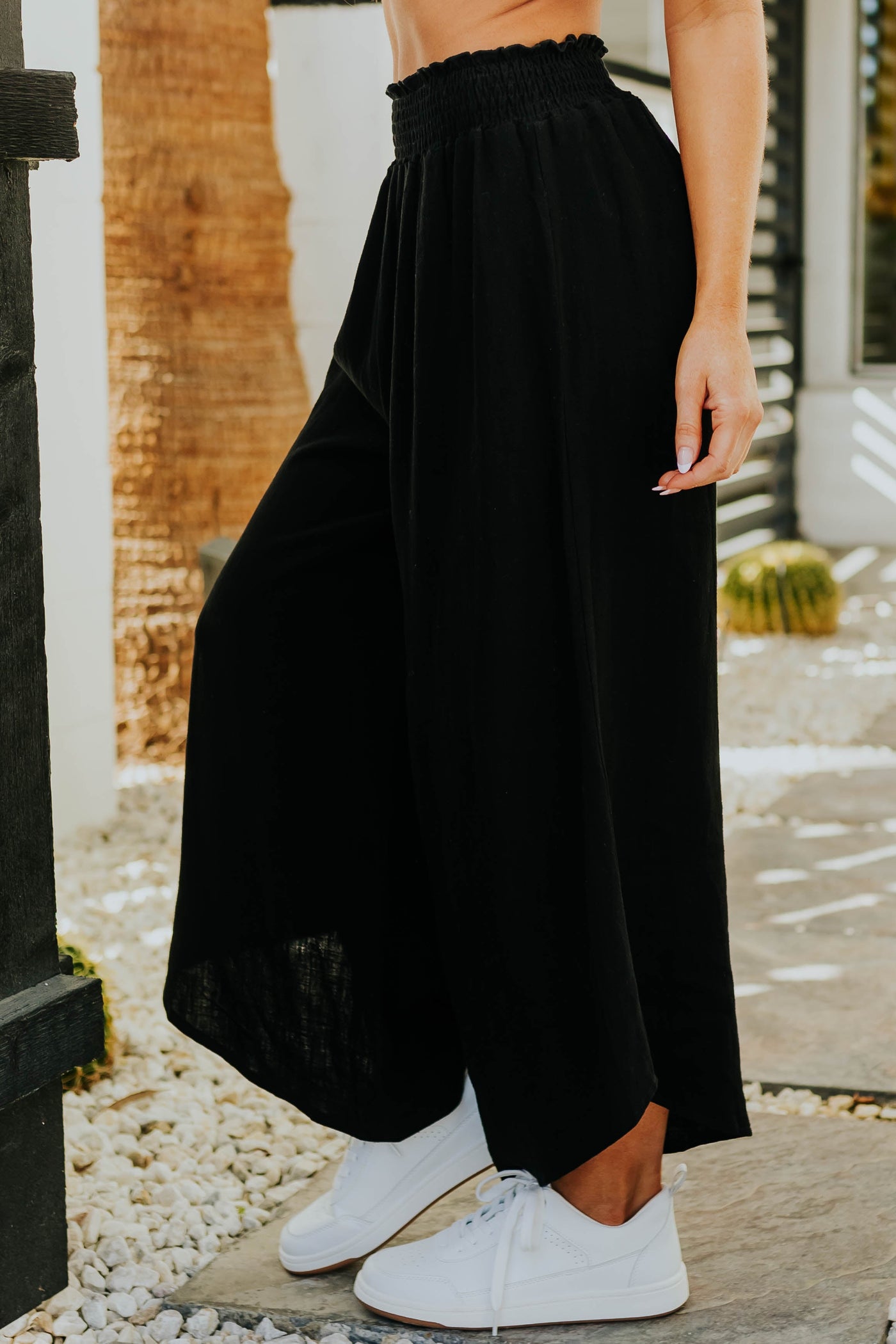 Black Smocked Waist Angled Wide Leg Linen Pants