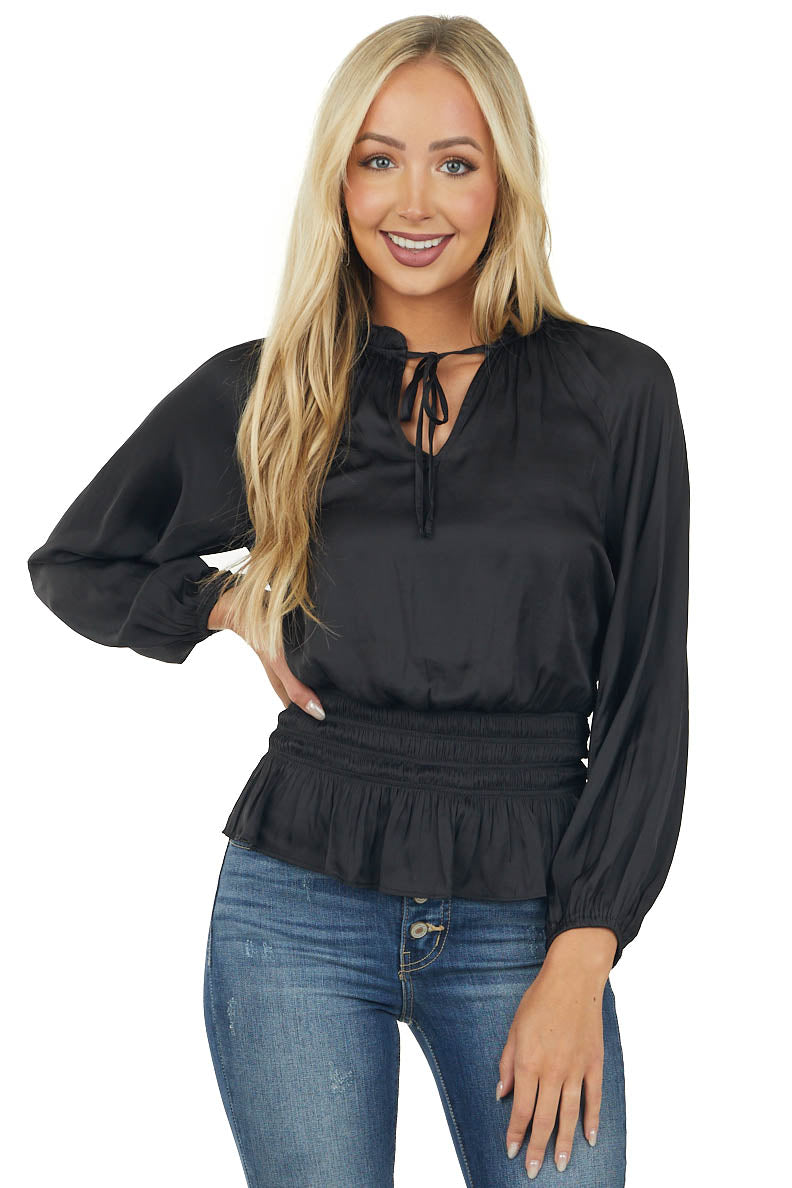 Black Smocked Waist Long Sleeve Satin Blouse