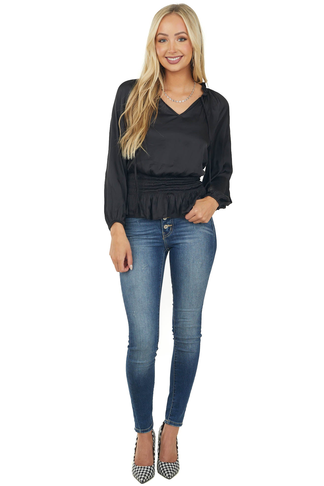 Black Smocked Waist Long Sleeve Satin Blouse