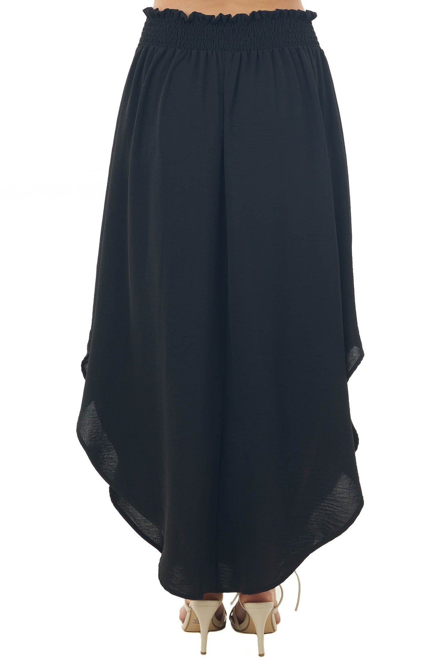 Black Smocked Waist Maxi Skirt with Curved Hem