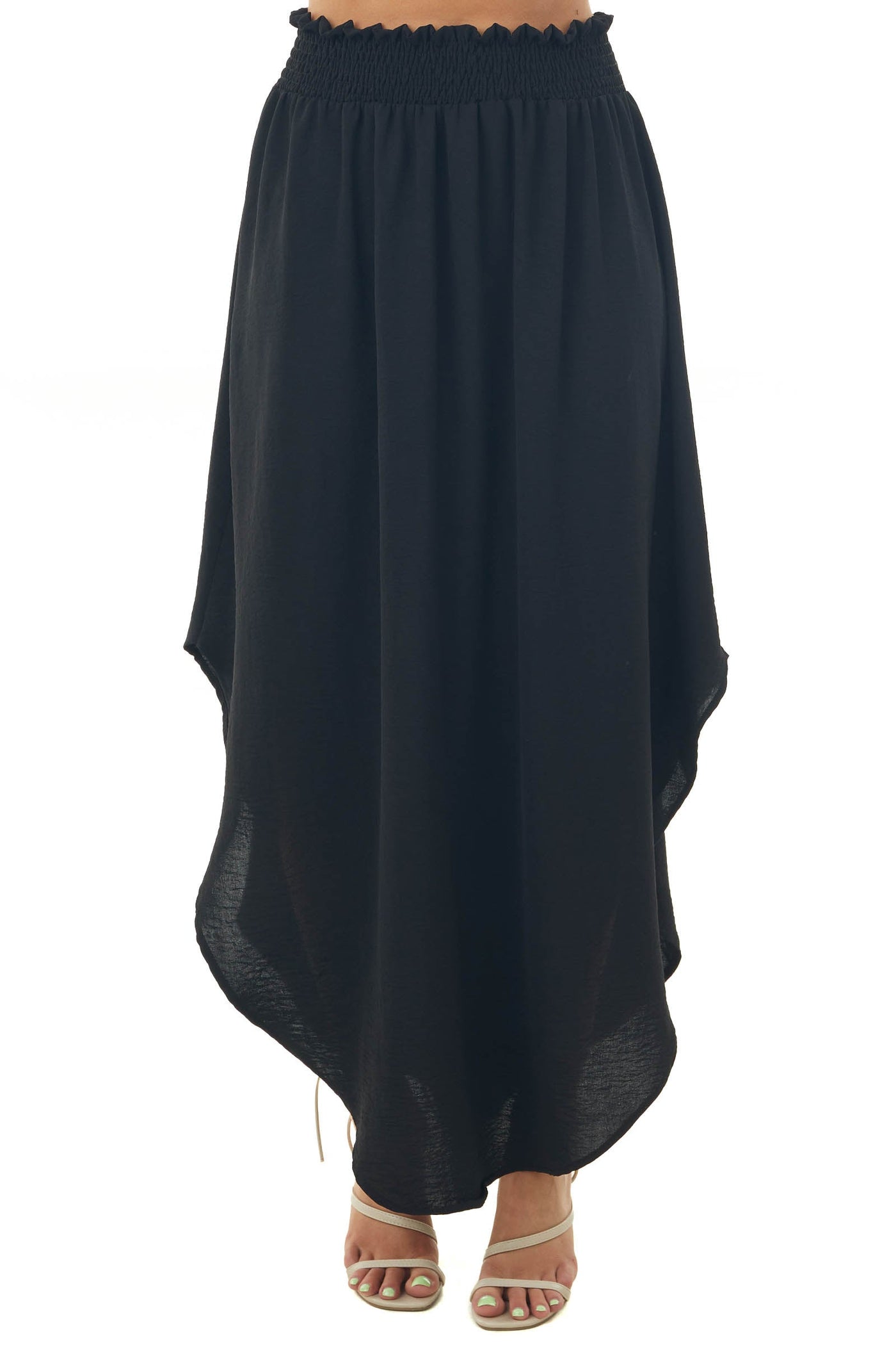 Black Smocked Waist Maxi Skirt with Curved Hem