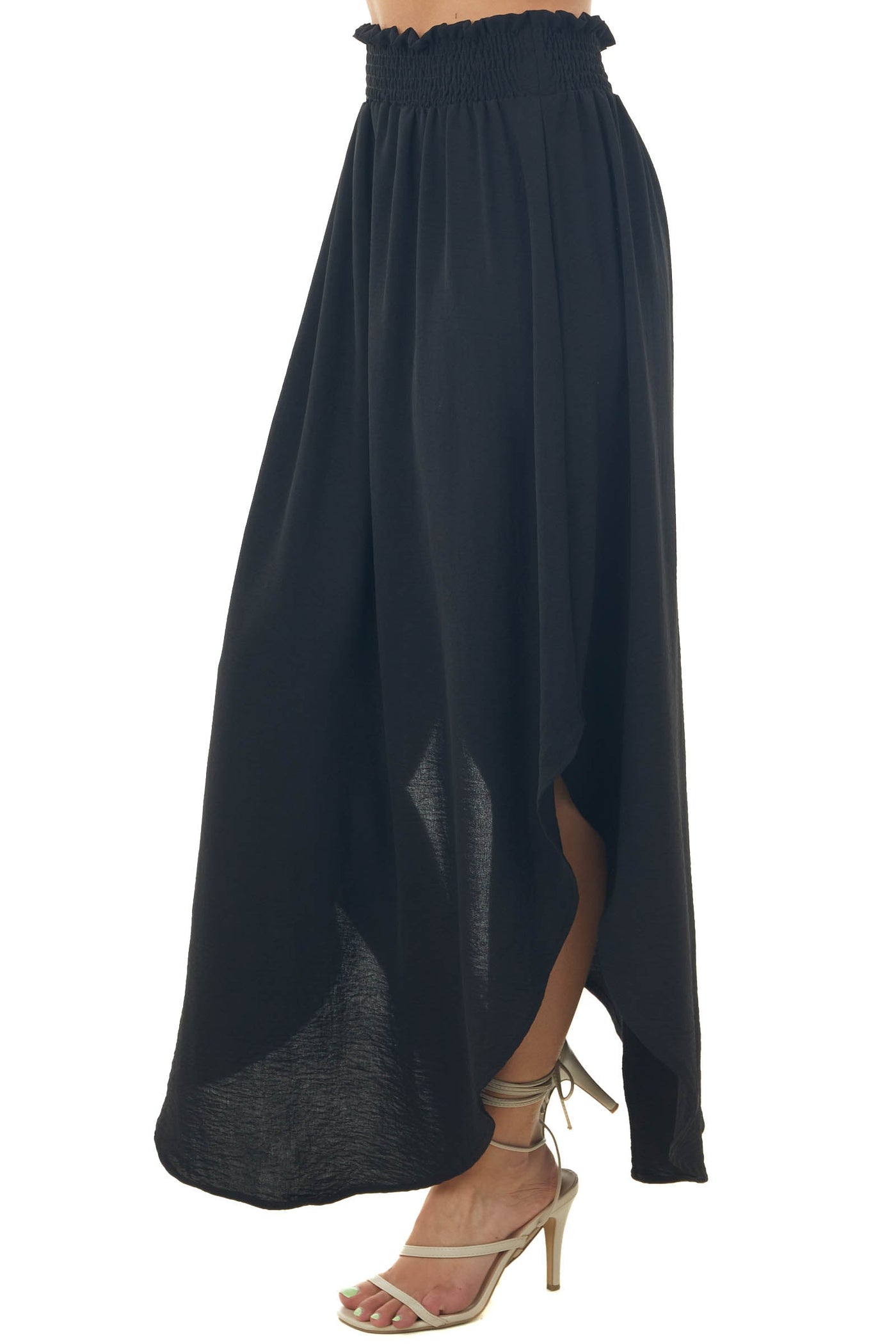 Black Smocked Waist Maxi Skirt with Curved Hem