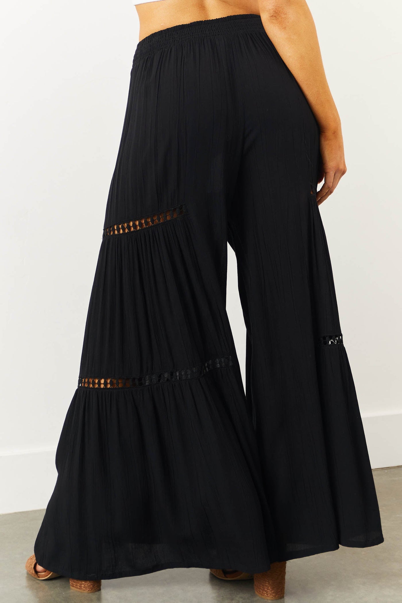 Black Smocked Waist Wide Leg Flowy Pants