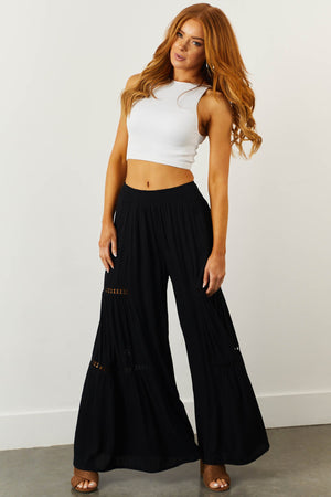 Black Smocked Waist Wide Leg Flowy Pants