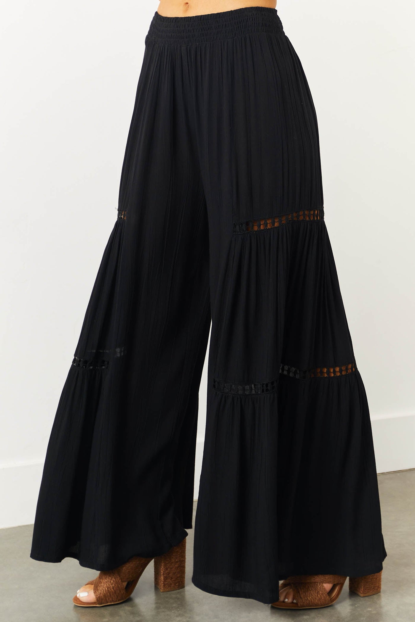 Black Smocked Waist Wide Leg Flowy Pants