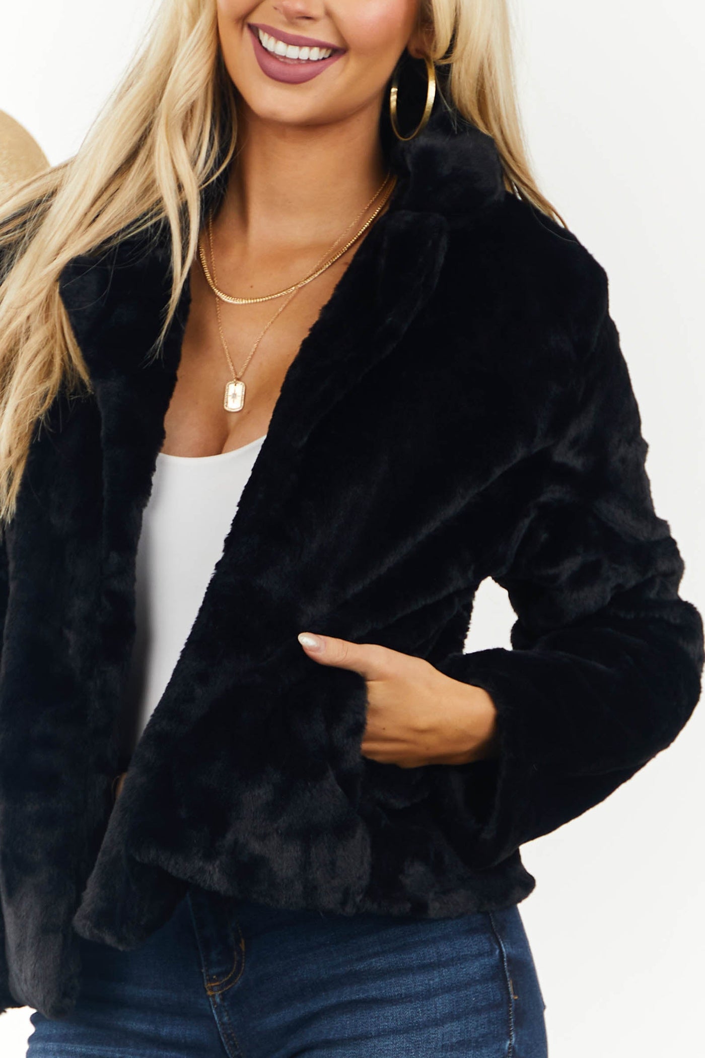 Black Soft Faux Fur Jacket with Side Pockets