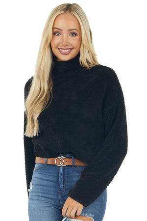 Black Soft Faux Fur Mock Neck Crop Top
