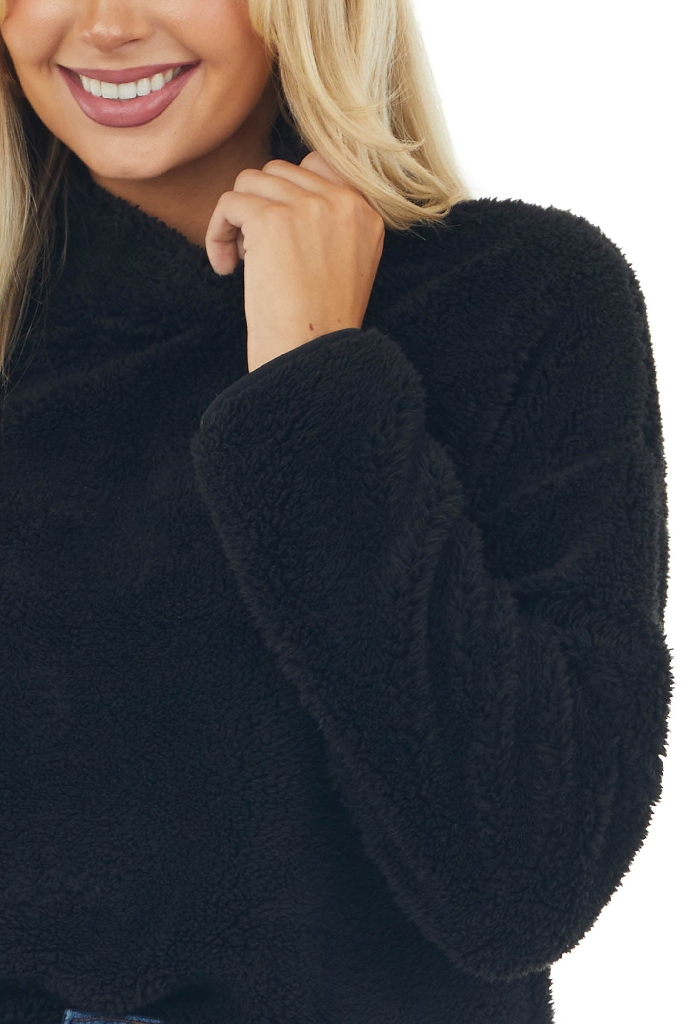 Black Soft Faux Fur Mock Neck Crop Top