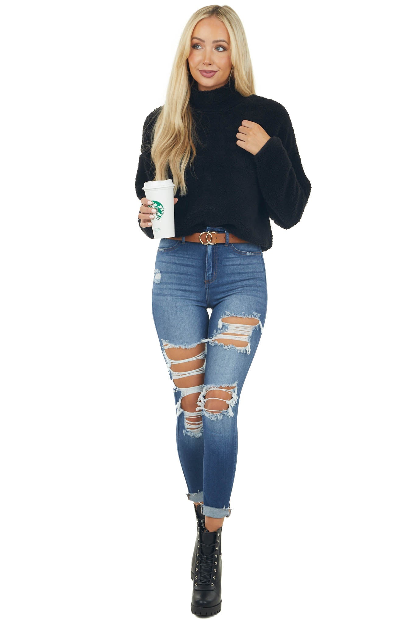 Black Soft Faux Fur Mock Neck Crop Top