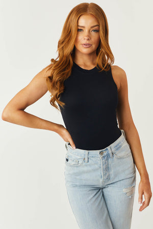 Black Solid Sleeveless Fitted Knit Bodysuit