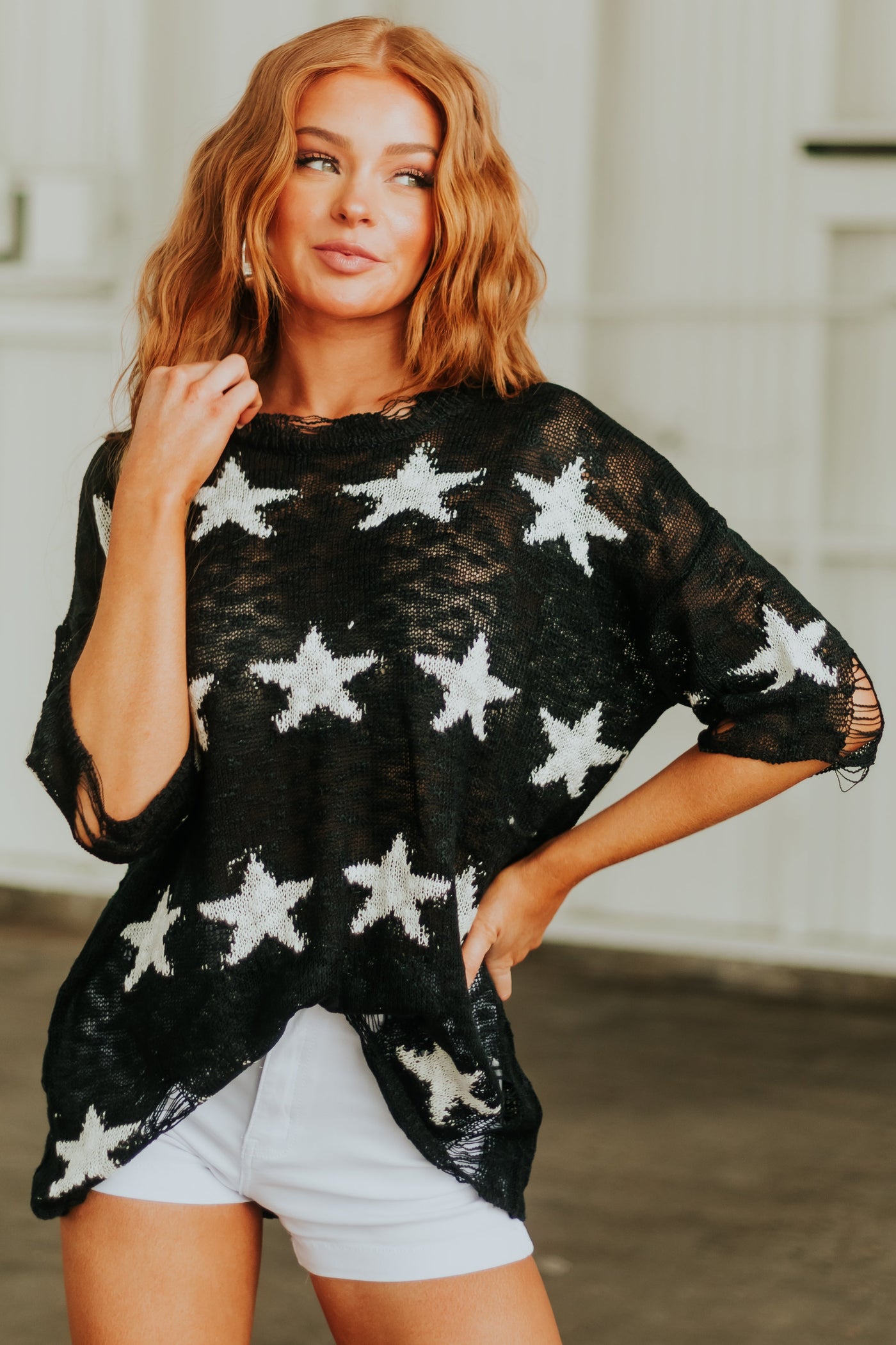 Black Star Print Distressed Loose Knit Top