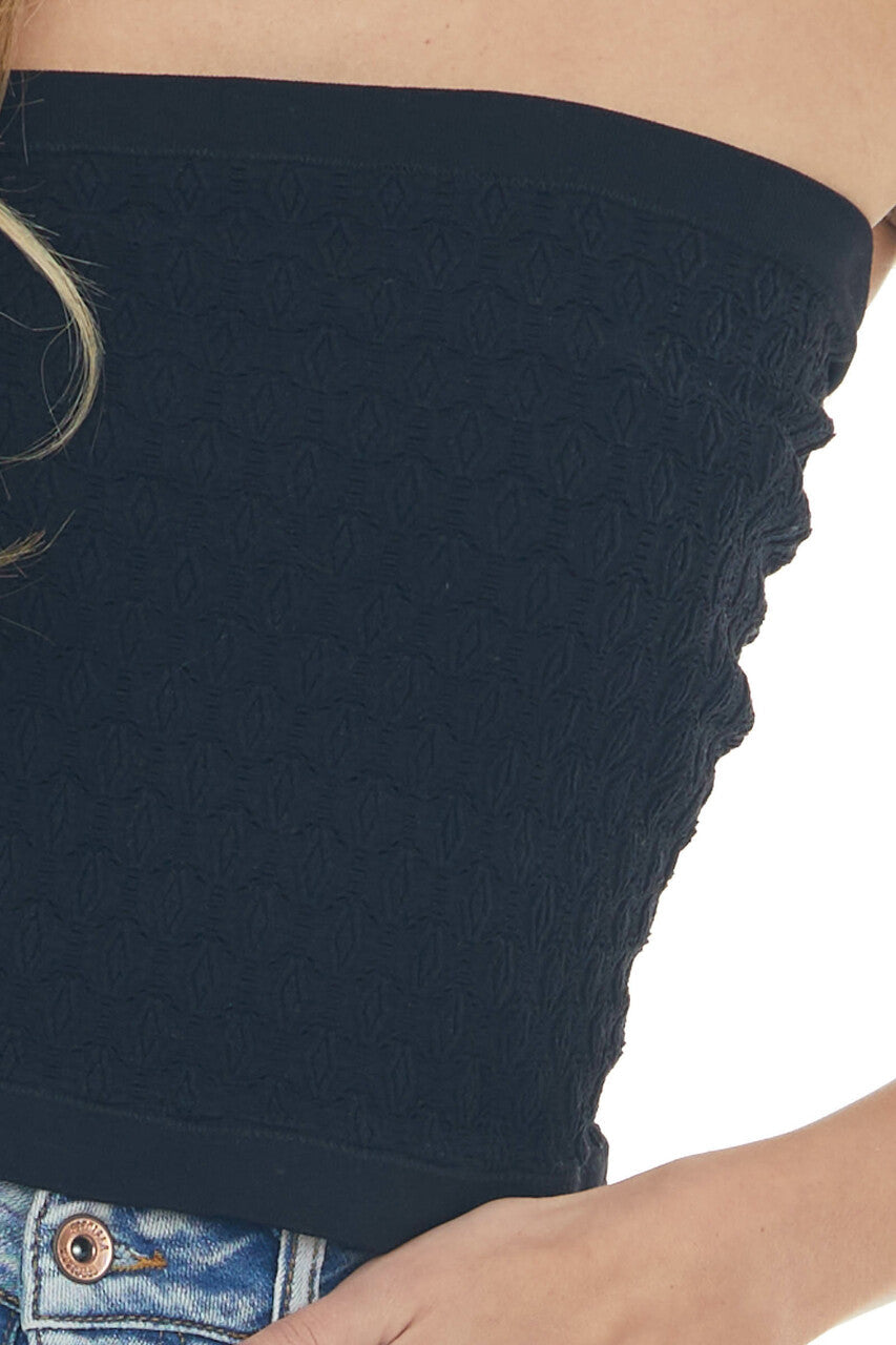 Black Strapless Cropped Pointelle Knit Top 