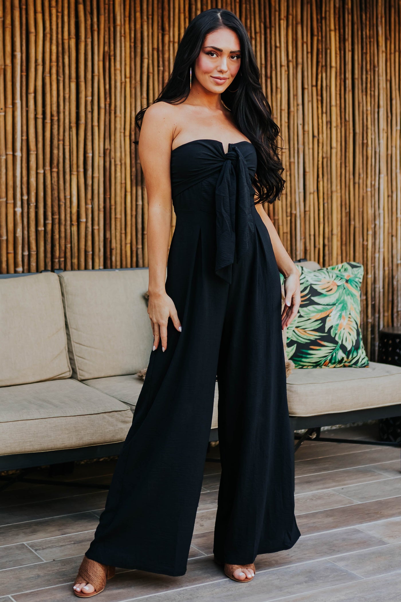 Black Strapless Front Tie Wide Leg Jumpsuit