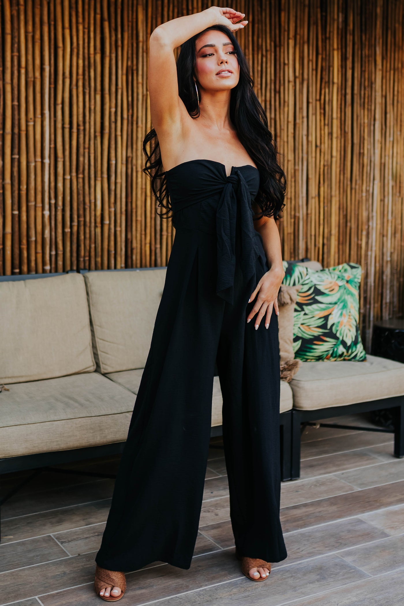 Black Strapless Front Tie Wide Leg Jumpsuit