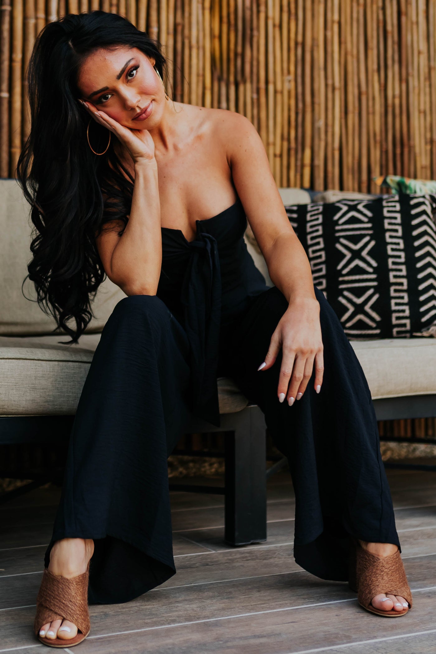 Black Strapless Front Tie Wide Leg Jumpsuit