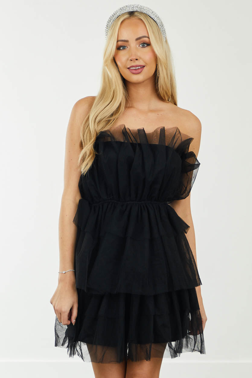 Black Strapless Layered Tulle Mini Dress