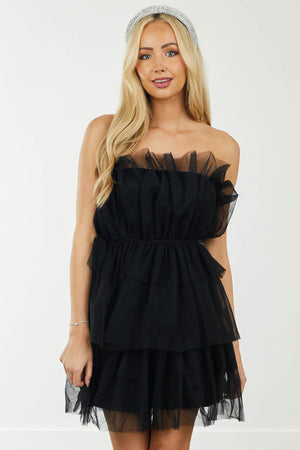 Black Strapless Layered Tulle Mini Dress