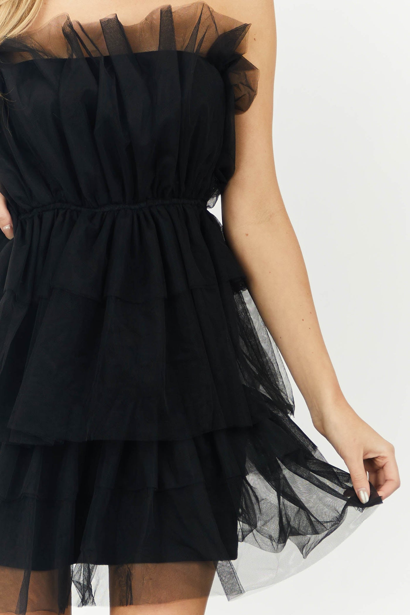 Black Strapless Layered Tulle Mini Dress