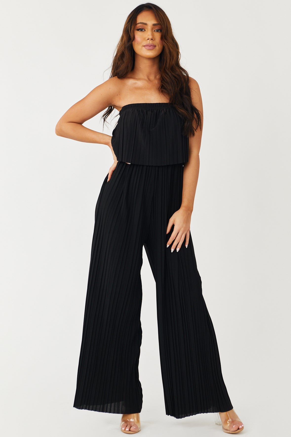Black Strapless Pleated Wide Leg Jumpsuit
