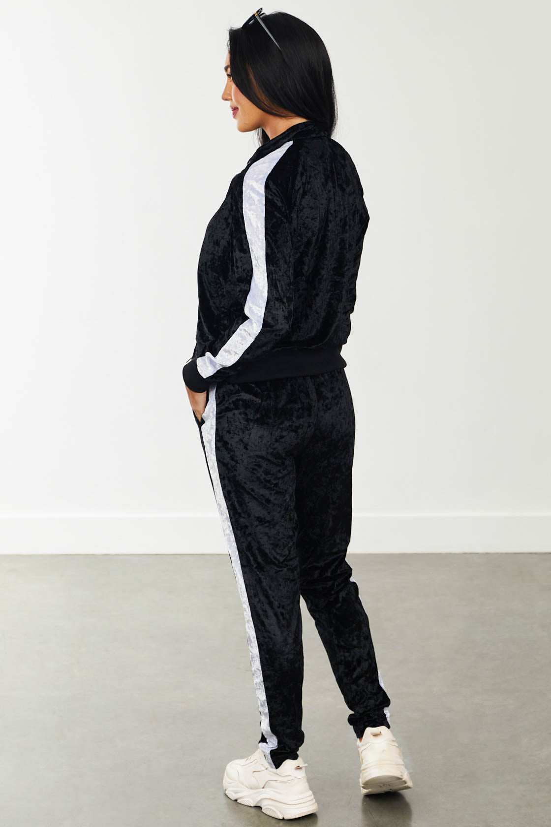 Black Stripe Mock Neck Velvet Tracksuit Set