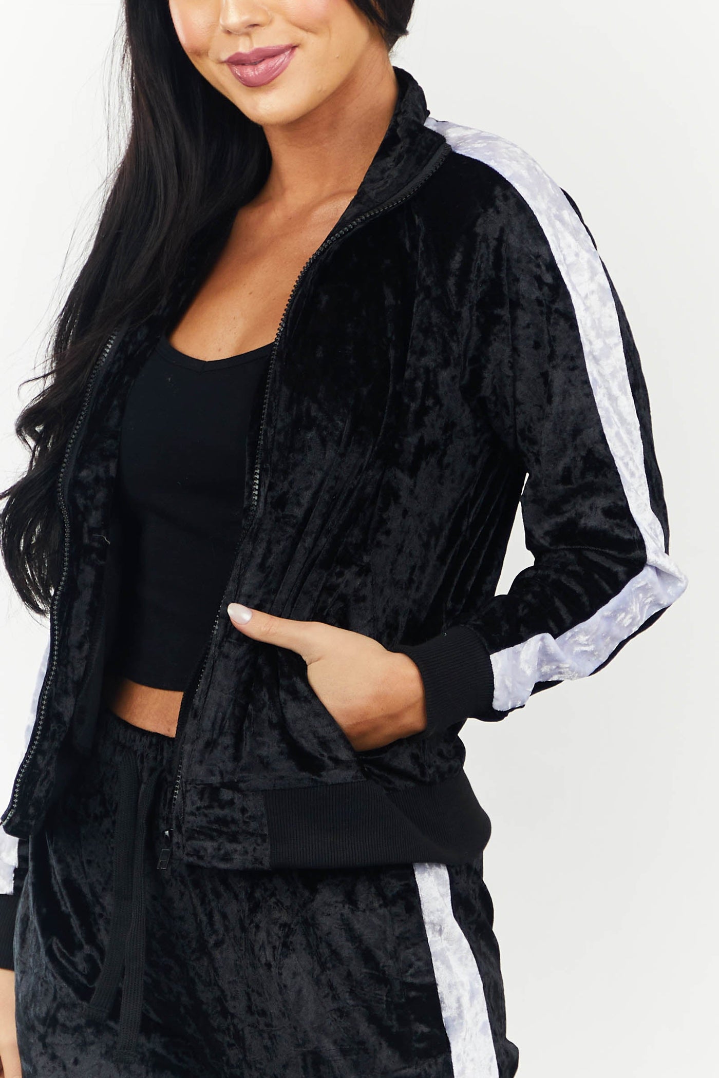 Black Stripe Mock Neck Velvet Tracksuit Set