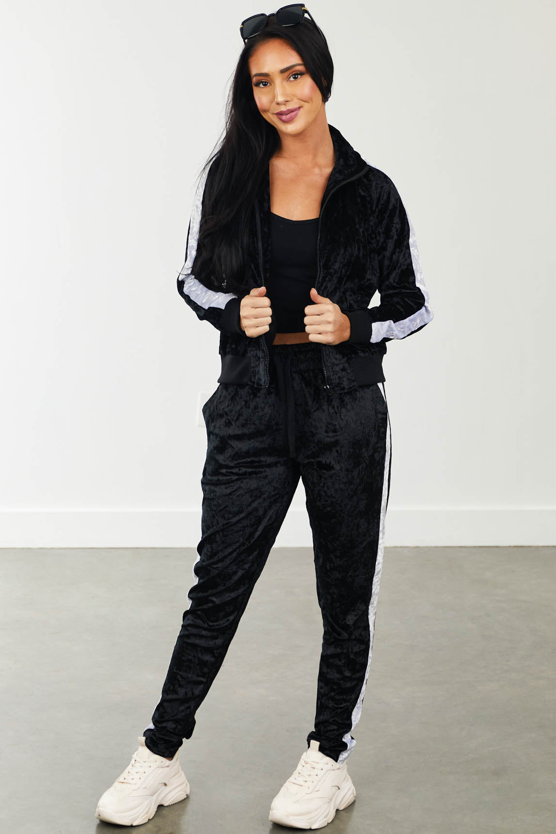 Black Stripe Mock Neck Velvet Tracksuit Set