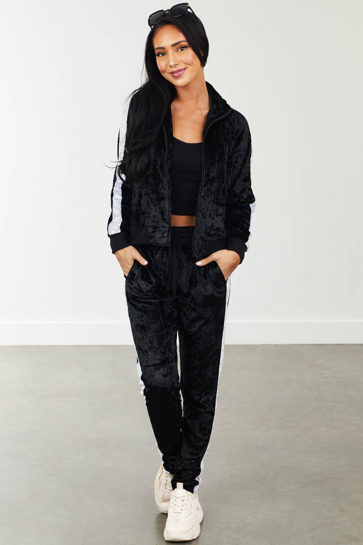 Black Stripe Mock Neck Velvet Tracksuit Set