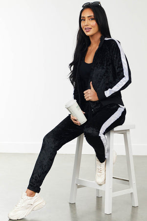 Black Stripe Mock Neck Velvet Tracksuit Set