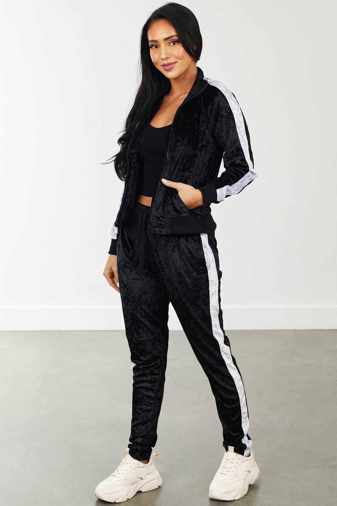 Black Stripe Mock Neck Velvet Tracksuit Set