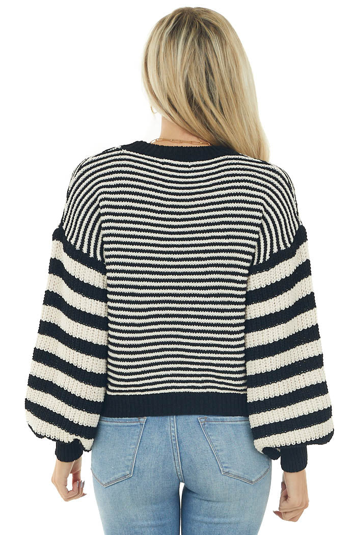Black Striped Bishop Sleeve Chenille Sweater