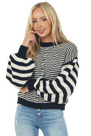 Black Striped Bishop Sleeve Chenille Sweater