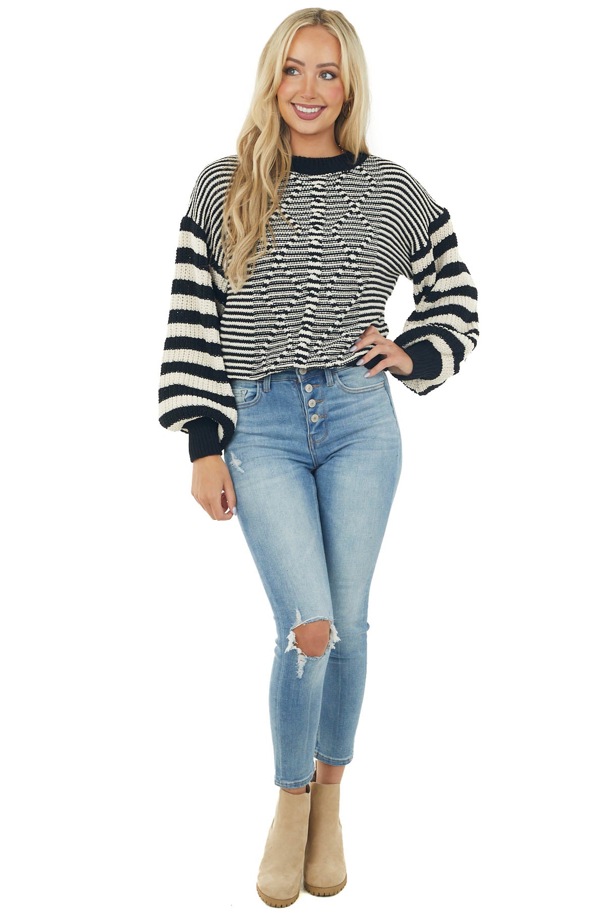 Black Striped Bishop Sleeve Chenille Sweater