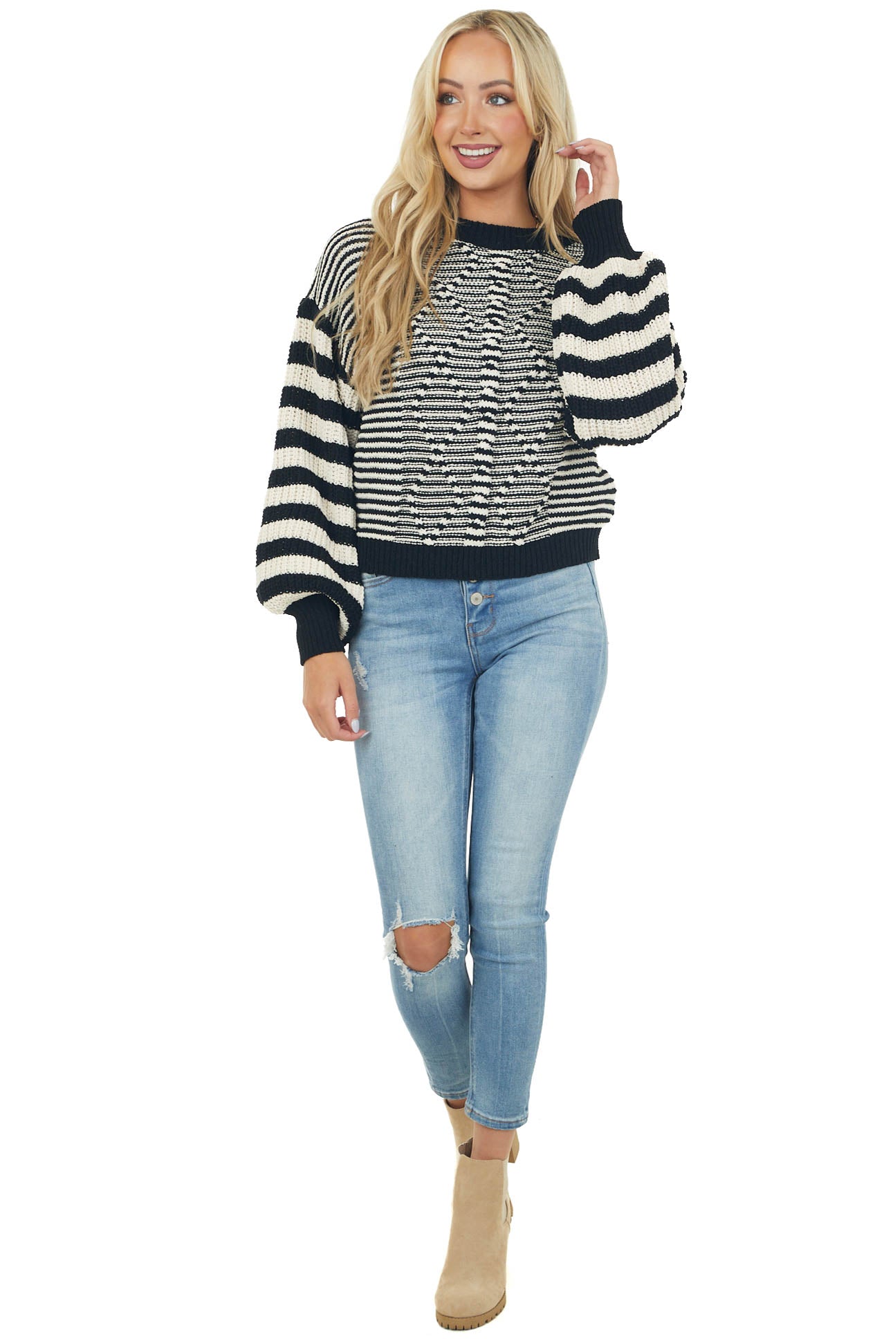 Black Striped Bishop Sleeve Chenille Sweater