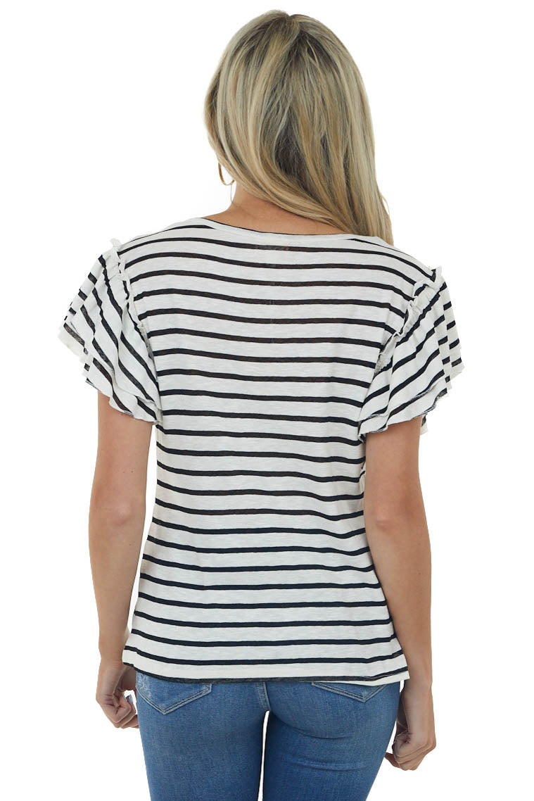 Black Striped Tiered Ruffle Sleeve Knit Top